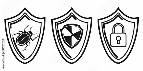 Three shields with icons representing different types of security and protection. Vector