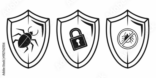 Three shields with symbols representing security and protection against cyber threats Vector