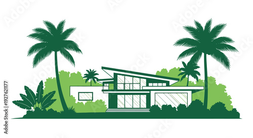 Modern house design with palm trees and lush green vegetation