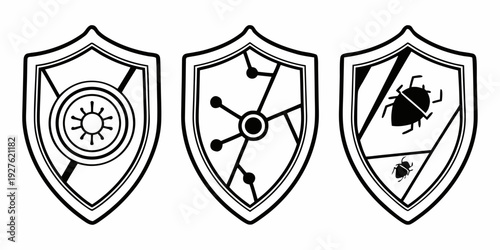 Three shields with distinct symbols representing different concepts or entities Vector