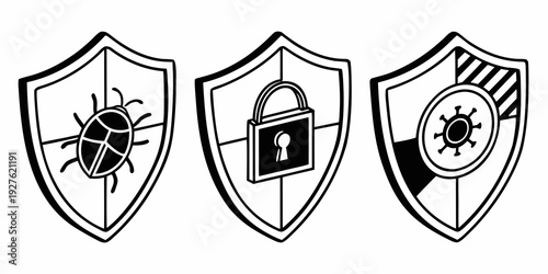 Three shields with distinct symbols representing protection, security, and privacy Vector