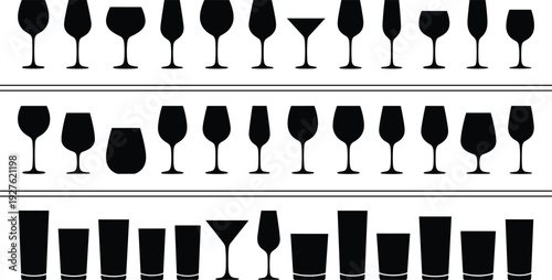 Black glassware silhouette icons set, various wine glass and cocktail tumbler designs for bar menus and restaurant branding, flat vector.