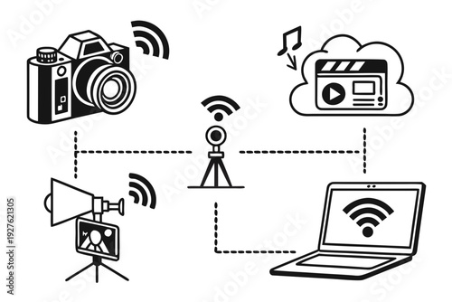 Person using various devices to record and broadcast live video content online Vector