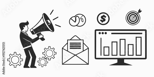 Business professional analyzing data and managing projects with various tools. Vector