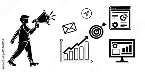 Businessman with megaphone standing in front of a target and a graph Vector