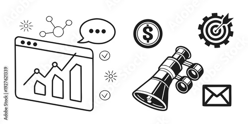 Illustration of digital marketing tools and strategies for business growth. Vector