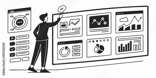 A person analyzing and presenting data on a large digital screen with various charts and graphs. Vector