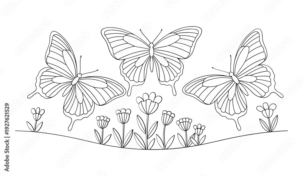 Fototapeta premium Black and white of three butterflies flying above flowers