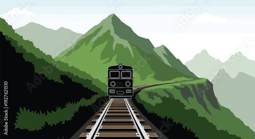 A black train travels along a winding railway through a lush green mountain landscape
