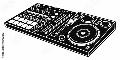 A modern dj controller with a mixer and various buttons and knobs for music production. Vector