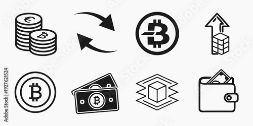 Illustrations of various financial icons representing cryptocurrency, investment, and money management Vector
