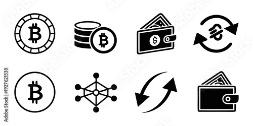 A collection of cryptocurrency and blockchain related icons and symbols. Vector