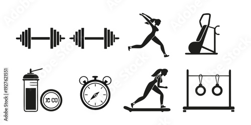 Illustrations of fitness equipment and activities for a balanced workout routine Vector