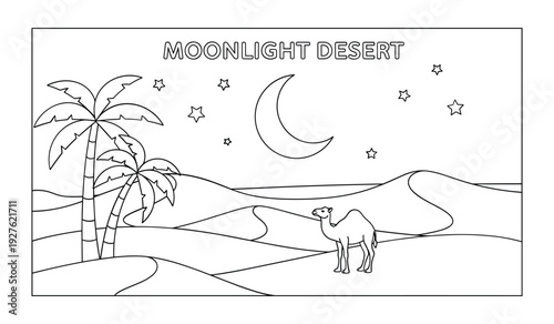 Moonlit desert scene with palm tree camel and stars moonlight night