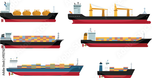 Flat vector cargo ships set including oil tanker, container ship, bulk carrier and crane vessel isolated on background, global shipping industry concept