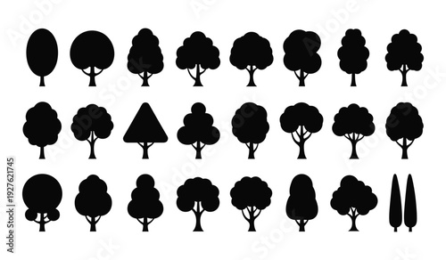 Silhouette collection of various tree types in black against white background silhouettes trees branches