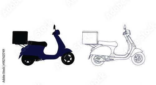 Two scooter illustrations a solid silhouette and a detailed line drawing