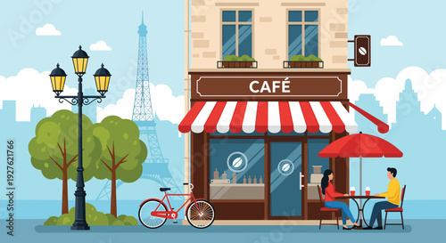 Paris Street Cafe Scene with Eiffel Tower, Outdoor Seating, Bicycle and Romantic European Cityscape Vector Illustration