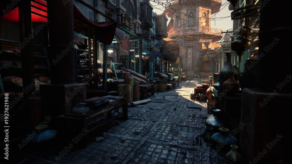 Obraz premium moody cobblestone market street at dusk with amber glow, empty stalls and stacked pottery along shadowed storefronts, wet pavement reflections and distant