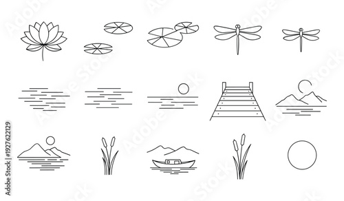 Line of lotus flowers lily pads dragonflies water waves bridge mountains and reeds dragonfly