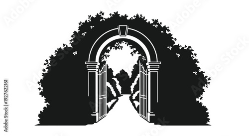 Elegant black and white illustration of a garden gate and pathway