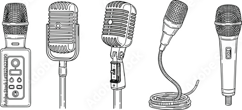 Microphone set vector illustration, vintage and modern studio mics collection, handheld condenser dynamic broadcast audio equipment line art