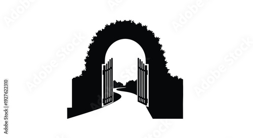 A striking silhouette of an arched gateway leading to a distant landscape