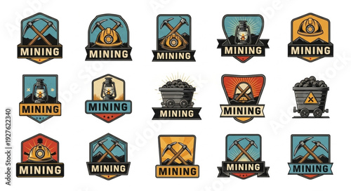 Collection of Mining Badges and Emblems for Industrial Design and Branding.