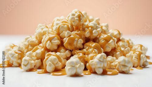 Golden caramel drizzled over fluffy popcorn pile with glossy texture for snack or dessert marketing