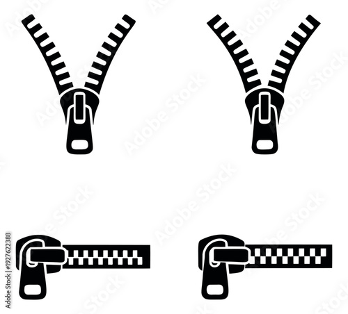 Modern glyph zipper icon set featuring open and closed fasteners for user interface design