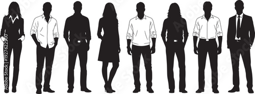 Business people silhouette set, professional men and women standing, office team figures, cad drawing flat vector illustration, corporate workforce group,