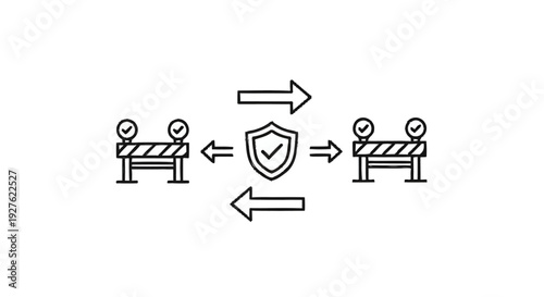 Cybersecurity Shield with Traffic Barriers and Arrows.