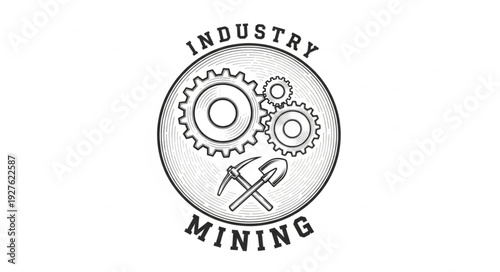 Industry and Mining Logo Depicting Gears and Mining Tools.