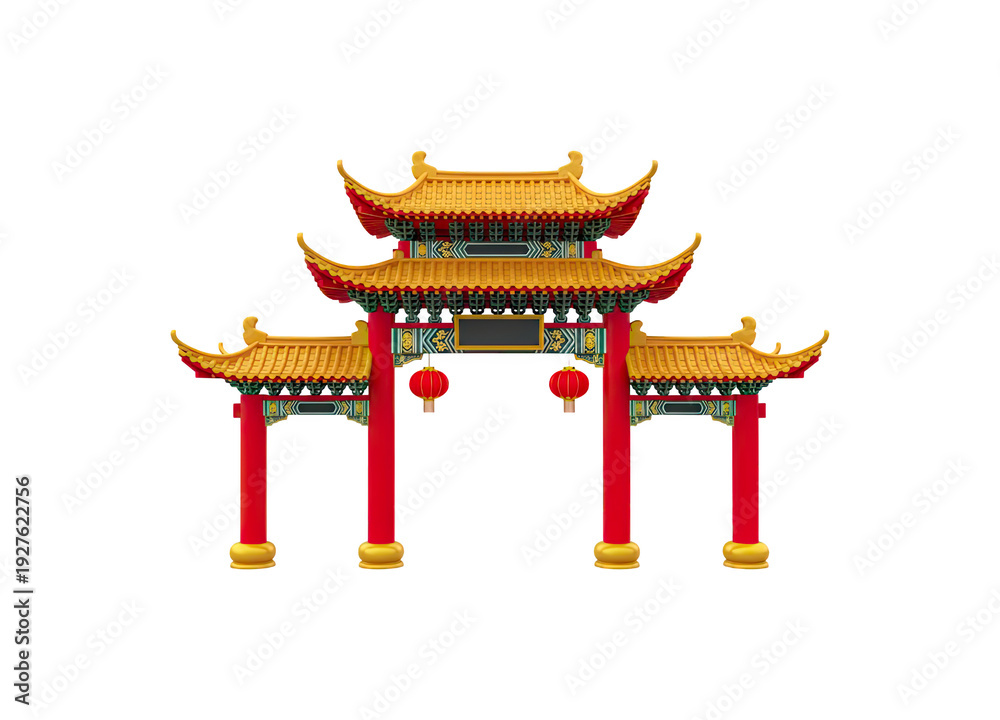 Fototapeta premium Traditional chinese arch gate with red pillars and yellow roof, symbol of culture, architecture, and travel