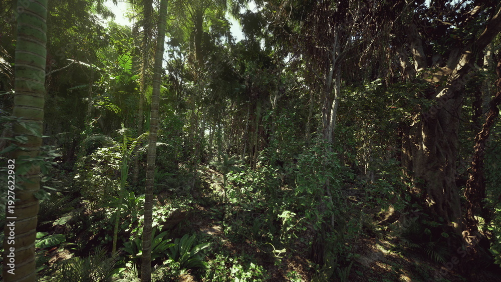 Obraz premium Dawn light through dense rainforest canopy revealing layered foliage, slender trunks and winding vines, warm golden shafts piercing humid understory, tranquil