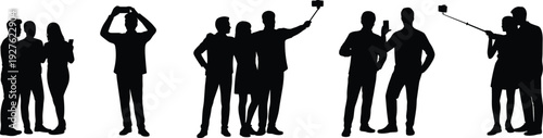 People taking selfie silhouettes set, group of friends with smartphones black vector illustration isolated on white background