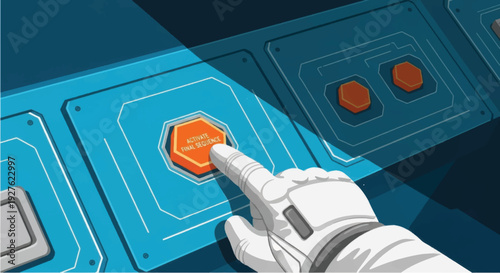 Astronaut Hand Pressing Orange Control Button.