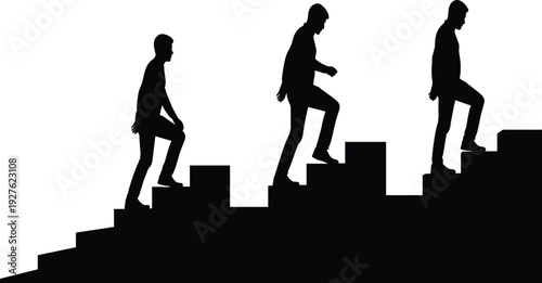 Businessman silhouette climbing stairs representing career growth, success journey, leadership ambition and professional development concept isolated on white background