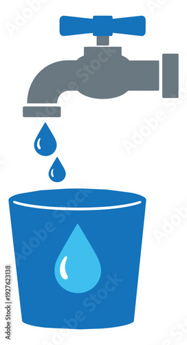 Graphic illustration of a faucet and a glass depicting water dripping into it for water conservation awareness