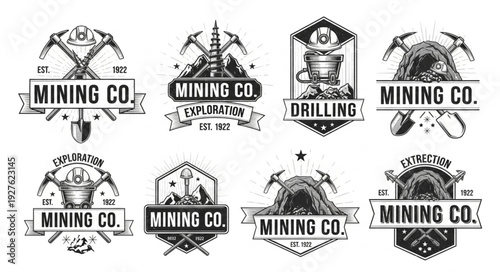 Mining company logos with various tools and elements in vintage style.