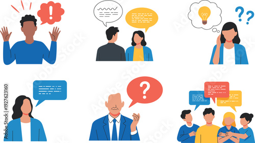 People communication and discussion concept set, asking questions sharing ideas teamwork speech bubbles flat vector illustration