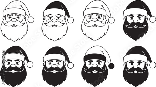 Santa Claus face icons set, Christmas father character head, winter holiday beard hat, cad drawing flat vector illustration, festive celebration