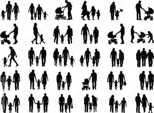 Family silhouettes with parents and children walking together, baby stroller and parenting concept isolated on white background collection