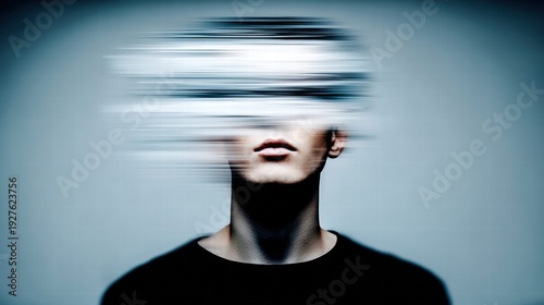 A captivating portrait features a man with blurred lines across his face, creating an enigmatic effect.