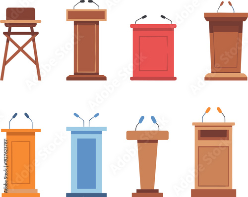 Podium and lectern set with microphones for conference speech debate stage flat vector illustration collection