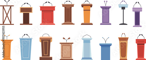 Podium lectern collection with microphones for political speech debate conference stage flat vector illustration set
