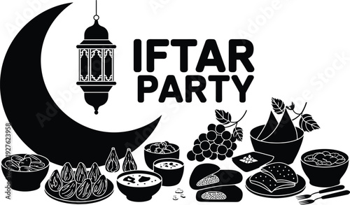 Iftar party silhouette vector with crescent moon lantern and traditional food, Ramadan feast illustration for Islamic celebration, invitation design, menu, and festive branding