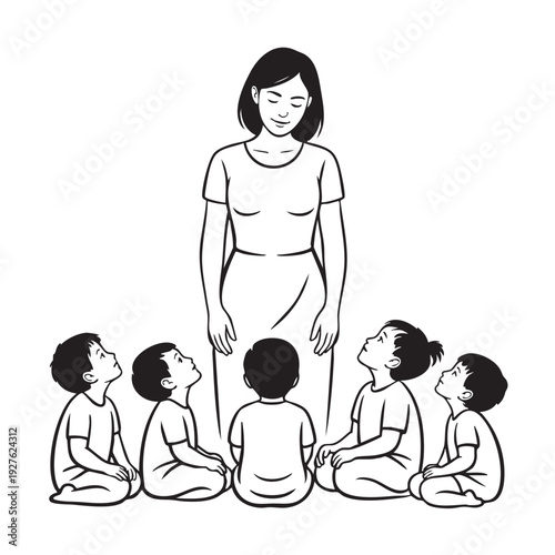 Mother's day illustration of a mother and her five little children