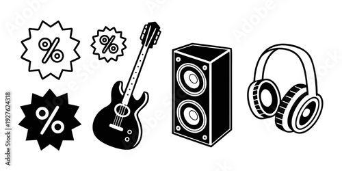 A collection of musical icons including a guitar, speaker, headphones, and more. Vector