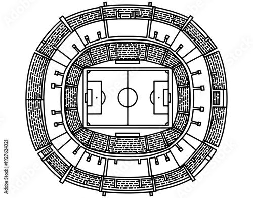 Top view of a modern soccer or football stadium arena architectural line art illustration, overhead stadium seating and pitch layout isolated on white background for sports design.